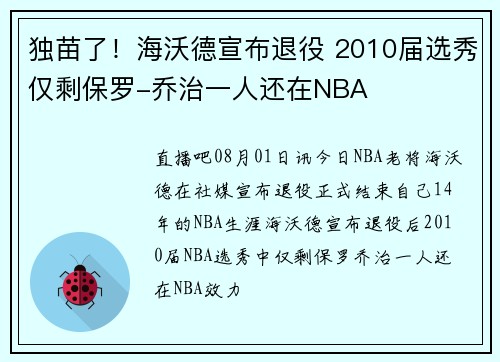 独苗了！海沃德宣布退役 2010届选秀仅剩保罗-乔治一人还在NBA