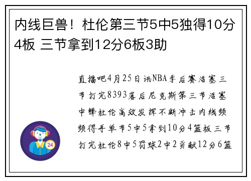 内线巨兽！杜伦第三节5中5独得10分4板 三节拿到12分6板3助