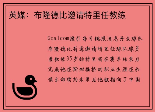 英媒：布隆德比邀请特里任教练